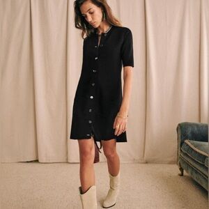 Sezane Ava Black Knit Mini Dress with Button Detail